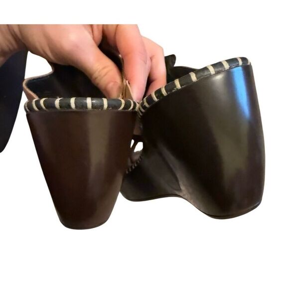 Donald J. Pline Vachetta Heel Wedge Sandal Tan Black Leather Slides Open Toe Wom - Picture 8 of 12